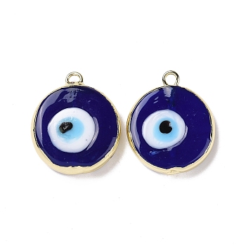 Handmade Lampwork Pendants, with Golden Plated Brass Findings, Cadmium Free & Lead Free, Flat Round with Evil Eye, Dark Blue, 21x18x4.5mm, Hole: 1.6mm