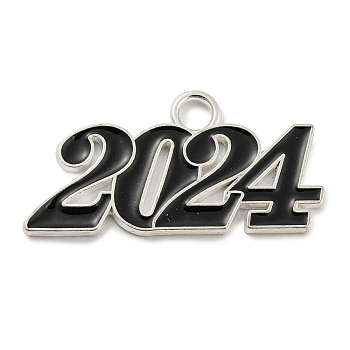 Alloy Enamel Pendants, Lead Free and Cadmium Free, Number 2024 Charm, Silver, Black, 18.5x36.5x1.5mm, Hole: 4mm