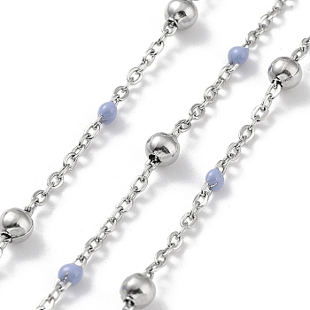 304 Stainless Steel Cable Chain, with Enamel, Soldered, Light Steel Blue, Beads: 3.5~3.6x3.5mm, Link: 5x2x2mm and 2x1.5x0.3mm