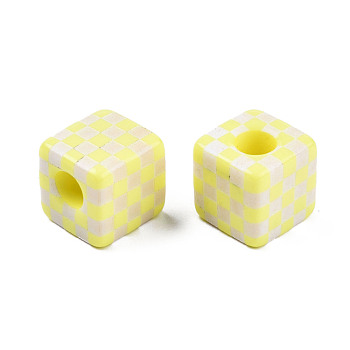 Opaque Resin European Beads, Large Hole Beads, Cube with Tartan Pattern, Yellow, 20x20x20mm, Hole: 9mm