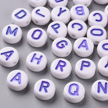 Opaque White Acrylic Beads, with Enamel, Horizontal Hole, Flat Round with Random Initial Letter, Purple, 9.5x4.5mm, Hole: 2mm, 1580pcs/500g