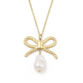 304 Stainless Steel & Plastic Pearl Bowknot Pendant Cable Chain Necklaces, Golden, 15.67 inch(39.8cm)