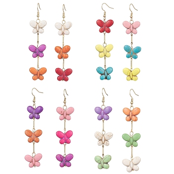 Triple Butterfly Dyed Synthetic Turquoise Dangle Earrings for Women, Mixed Color, 83x20mm