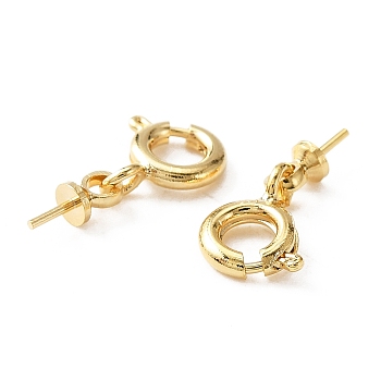 Brass Spring Ring Clasps, with Brass Peg Bails Charms, for Half Drilled Bead, Golden, 14.5x7.5x3mm, Peg Bail Charm: 7x2.5mm, Pin: 0.6mm