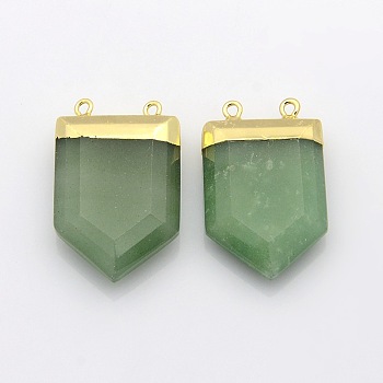 Gemstone Point Pendants with Golden Tone Brass Findings, Green Aventurine, 28~33x19~21x7mm, Hole: 2mm