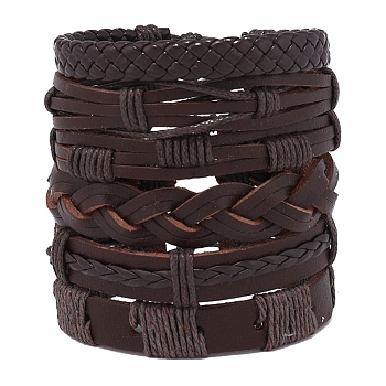 6Pcs 6 Style Adjustable Braided Imitation Leather Cord Bracelet Sets, Waxed Cord & Hemp Cords Stackable Bracelets for Men, Coconut Brown, Inner Diameter: 2~3-1/4 inch(5.2~8.2cm), 1Pc/style