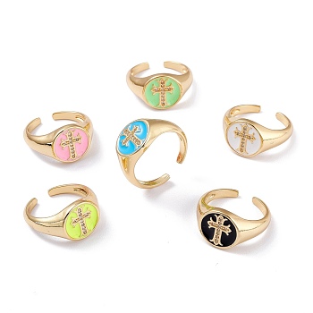 Brass Clear Cubic Zirconia Cuff Rings, Open Rings, Long-Lasting Plated, with Enamel, Real 18K Gold Plated, Flat Round with Cross, Mixed Color, 2.8~12.5mm, Inner Diameter: 18.3mm