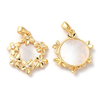 Brass Shell Pendants, with Cubic Zirconia, Flat Round with Flower, Real 18K Gold Plated, 20.5x17.5x3.5mm, Hole: 2x4mm