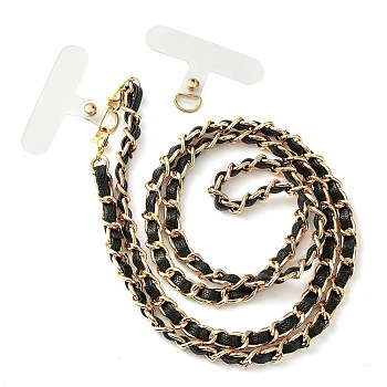 Alloy Chain with PU Leather Bag Straps, with TPU Mobile Phone Lanyard Patch, for Mobile Phone Accessories, Black, 110cm