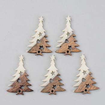 Opaque Resin & Walnut Wood Pendants, Christmas Tree, Floral White, 38x25x3mm, Hole: 2mm