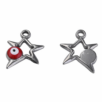 304 Stainless Steel Enamel Pendants, Star with Evil Eye, Stainless Steel Color, Dark Red, 14.5x13x3mm, Hole: 1.6mm