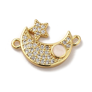 Eco-Friendly Rack Plating Brass Micro Pave Clear Cubic Zirconia Connector Charms, with Enamel, Long-Lasting Plated, Lead Free & Cadmium Free, Moon with Star, Real 18K Gold Plated, 14.5x20x2.5mm, Hole: 1.4mm
