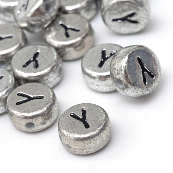 Plated Acrylic Horizontal Hole Letter Beads, Flat Round, Letter.Y, 7x4mm, Hole: 1.3mm, about 3600pcs/500g