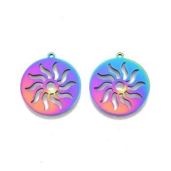 Ion Plating(IP) 201 Stainless Steel Pendants, Flat Round with Sun, Rainbow Color, 27x25x1.5mm, Hole: 1.4mm