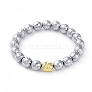 Unisex Stretch Bracelets, with Faceted Non-Magnetic Synthetic Hematite Round Beads and Real 18K Gold Plated Alloy Beads, Buddha Head, Platinum, 2-1/4 inch(5.7cm)(BJEW-JB04810-01)