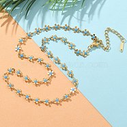 Bohemian 304 Stainless Steel Enamel Deep Sky Blue Flower Link Chain Necklaces for Women, Real 18K Gold Plated, 14-5/8 inch(37.2cm)(NJEW-Z061-01G)