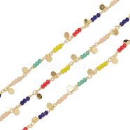 Handmade Round Glass Beaded Chains, with Brass Findings and Spool, Unwelded, Long-Lasting Plated, Flat Round, Colorful, 3x2mm, Round: 5x4x0.5mm, 32.8 Feet(10m)/roll(CHC-K011-33G)