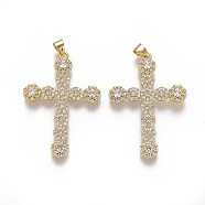 Brass Micro Pave Cubic Zirconia Pendants, Cross, Clear, Real 18K Gold Plated, 39.5x27x3.5mm, Hole: 3x4.5mm(ZIRC-F115-07G)