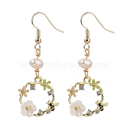 Dangle Earrings, with Brass Earring Hooks, Natural Pearl Beads, Alloy Enamel Pendants, Acrylic and Rhinestone, Ring with Flower and Bee, Golden, Colorful, 50mm, Pin: 0.6mm(EJEW-JE04286)