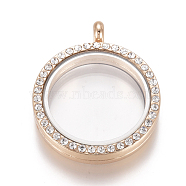 Flat Round Alloy Rhinestone Magnetic Locket Pendants, Photo Frame Living Memory Floating Charms, with Glass Cover, Rose Gold, 37x30x6.5mm, Inner Diameter: 22.5mm(PALLOY-WH0069-01-RG)