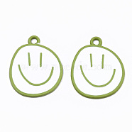 Spray Painted Alloy Pendants,  Cadmium Free & Lead Free, with White Enamel, Smiling Face, Yellow Green, 24x20x1mm, Hole: 2mm(X-ENAM-S127-026B-RS)