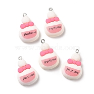 Opaque Resin Pendants, with Platinum Tone Iron Loops. Bottle with Word Perfume, White, 29x20x9mm, Hole: 2mm(RESI-G032-E05)