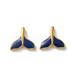 304 Stainless Steel Charm, with Enamel, Real 14K Gold Plated, Fishtail Charm, Midnight Blue, 11x11.5x2.5mm, Hole: 1.4mm(STAS-L022-392G)