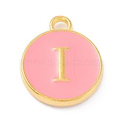 Golden Plated Alloy Enamel Charms, Enamelled Sequins, Flat Round with Alphabet, Letter.I, Pink, 14x12x2mm, Hole: 1.5mm(ENAM-Q437-14I)