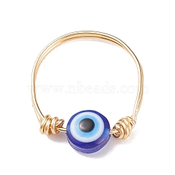 Resin Evil Eye Beaded Finger Ring, Copper Wire Wrap Jewelry for Women, Golden, US Size 10 1/2(20.1mm)(RJEW-JR00486-01)