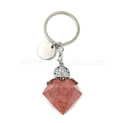 Reiki Energy Natural Rose Quartz Chips in Resin Diamond Shape Pendant Keychain, with Tree of Life Charm, 9cm(FIND-PW0017-11A)