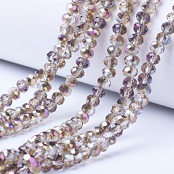 Electroplate Transparent Glass Beads Strands, Half Plated, Faceted, Rondelle, Rose Gold Plated, 3.5x3mm, Hole: 0.4mm, about 123~127pcs/strand, 13.7~14.1 inch(35~36cm)(EGLA-A034-T3mm-Z02)