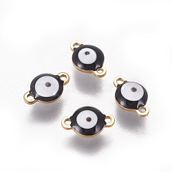 Ion Plating(IP) 304 Stainless Steel Enamel Links connectors, Flat Round with Evil Eye, Golden, Black, 9.5x6x3.5mm, Hole: 1.2mm(STAS-F206-02G-A05)