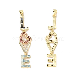 Brass Micro Pave Colorful Cubic Zirconia Big Pendants, Word LOVE Charm, Real 18K Gold Plated, 54x12x2mm, Hole: 3.5x4mm(ZIRC-I063-25G)