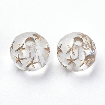 Plating Acrylic Beads, Metal Enlaced, Round with Star, Clear, 9.5x9mm, Hole: 2mm