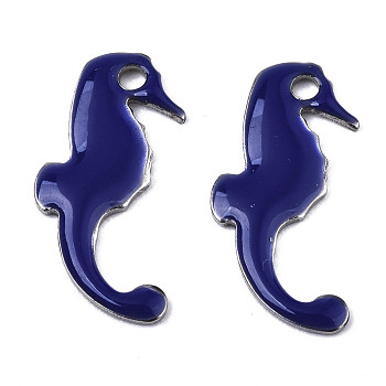 201 Stainless Steel Enamel Charms, Sea Horse, Stainless Steel Color, Midnight Blue, 15x7x1mm, Hole: 1.2mm
