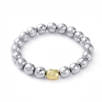 Unisex Stretch Bracelets, with Faceted Non-Magnetic Synthetic Hematite Round Beads and Real 18K Gold Plated Alloy Beads, Buddha Head, Platinum, 2-1/4 inch(5.7cm)