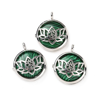 Synthetic Malachite Locket Pendants, Flat Round Charms, with Platinum Plated Brass Lotus Findings, 31.5x27x9mm, Hole: 4.6mm