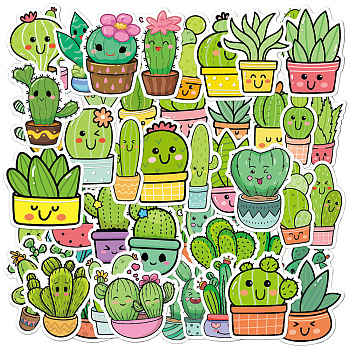 50Pcs PVC Self-Adhesive Cactus Stickers, Waterproof Plant Decals for Suitcase, Skateboard, Refrigerator, Helmet, Mobile Phone Shell, Green, 40~80mm