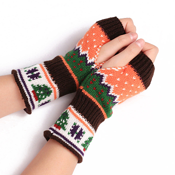 Acrylic Fiber Yarn Knitting Fingerless Gloves, Christmas Tree Pattern Winter Warm Gloves with Thumb Hole, Coconut Brown, 205x80mm