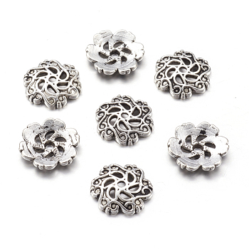 Tibetan Style Alloy Bead Caps, Lead Free & Cadmium Free, Flower, Antique Silver, about 13mm in diameter, 2.5mm thick, hole: 1.5mm