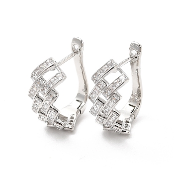 Clear Cubic Zirconia Rhombus Hoop Earrings, Brass Jewelry for Women, Cadmium Free & Lead Free, Platinum, 20x16.5x8.5mm, Pin: 0.8mm