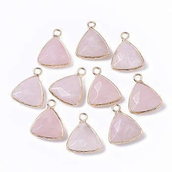 Natural Rose Quartz Pendants, with Golden Tone Brass Open Back Bezel, Faceted, Triangle, 19x16x6mm, Hole: 2mm