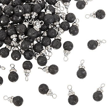 Natural Lava Rock Pendants, with Non-magnetic  Hematite and Platinum Tone Brass Crystal Rhinestone Findings, Round, 18x8.5~9mm, Hole: 2.5~3mm, 80pcs/box