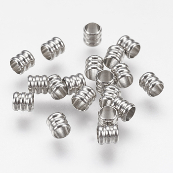 202 Stainless Steel Beads, Grooved Column, Stainless Steel Color, 4x4mm, Hole: 3mm