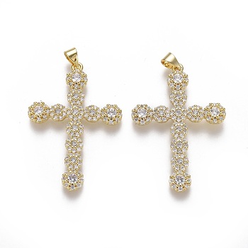 Brass Micro Pave Cubic Zirconia Pendants, Cross, Clear, Real 18K Gold Plated, 39.5x27x3.5mm, Hole: 3x4.5mm