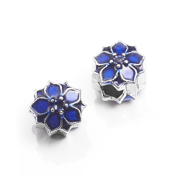 Alloy European Beads, Flower, Lager Hole Beads, with Enamel, Antique Silver, Blue, 11x10mm, Hole: 4.5mm