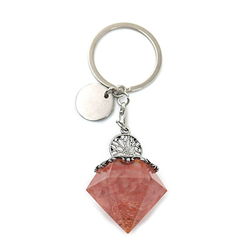 Reiki Energy Natural Rose Quartz Chips in Resin Diamond Shape Pendant Keychain, with Tree of Life Charm, 9cm