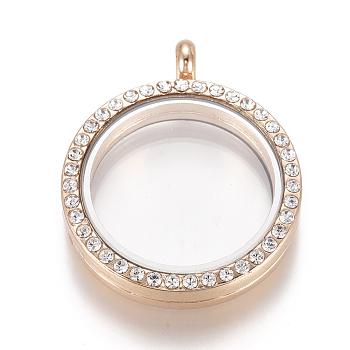 Flat Round Alloy Rhinestone Magnetic Locket Pendants, Photo Frame Living Memory Floating Charms, with Glass Cover, Rose Gold, 37x30x6.5mm, Inner Diameter: 22.5mm