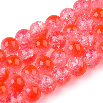 Transparent Crackle Baking Painted Glass Beads Strands, Imitation Opalite, Round, Orange Red, 10x9.5mm, Hole: 1.4mm, about 80pcs/strand, 30.87 inch(78.4cm)
