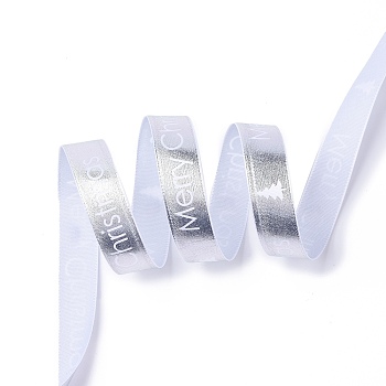20 Yards Single Face Printed Polyester Satin Ribbon, for Wedding, Gift, Party Decoration, Word Merry Christmas, Silver, 5/8 inch(16mm), about 20.00 Yards(18.29m)/Roll